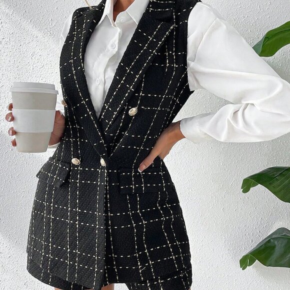 Fall Stylish Plaid Double Breasted Tweed Vest Blazer & Shorts - Picture 5 of 8